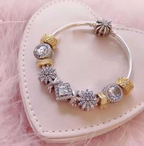 

925 Sterling silver Crystalized Sneeuwvlok Sluiting Snake Chain Basic Armbanden pandora bracelet Fit Vrouwen Bead Charm