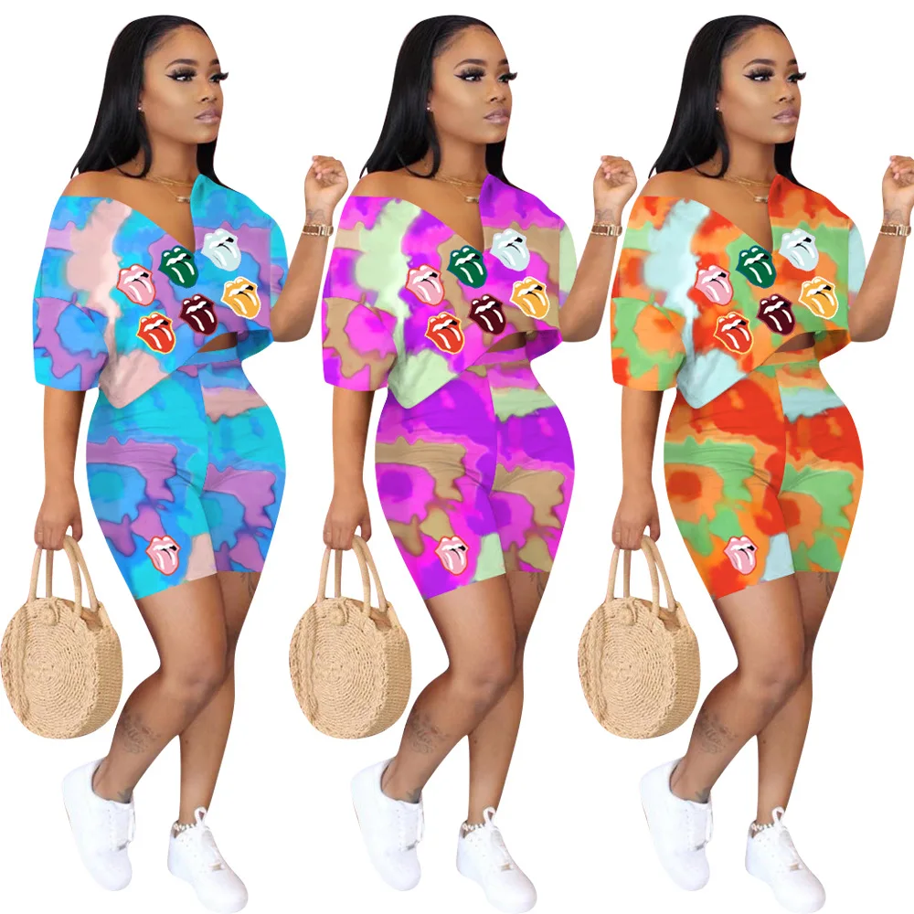 

Colorful Lip Print Loungewear Two Piece Outfits Women Sets Clothes Loose T-Shirt Top Biker Shorts Casual Home Wear Trendy 2021