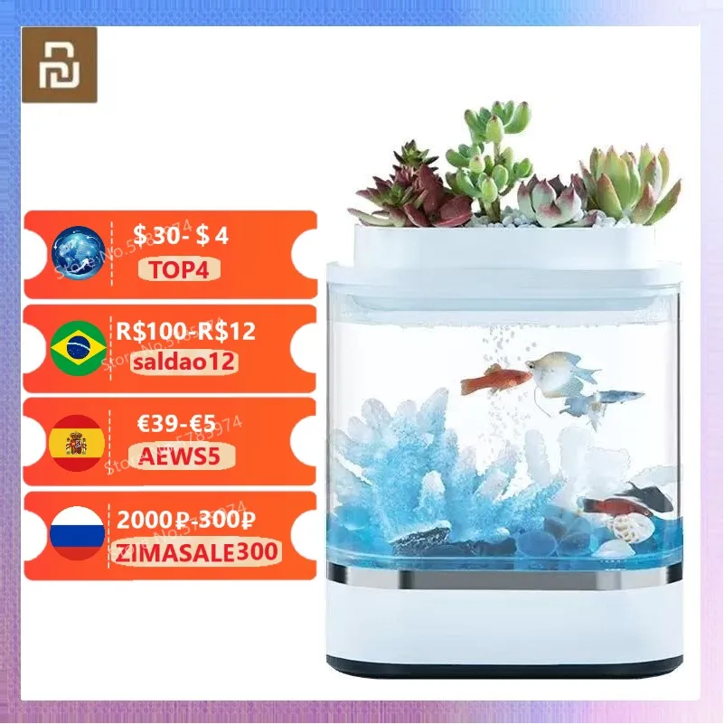 

YouPin Geometry Mini Lazy Fish Tank USB Charging Self-cleaning Aquarium with 7 Colors LED Light Home office Aquarium