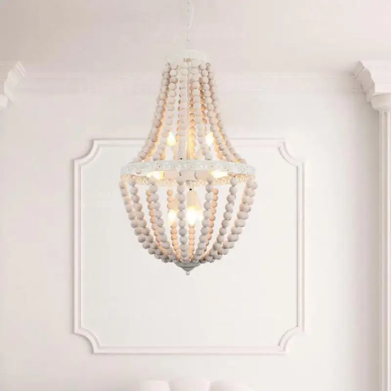 Винтажная люстра из белого дерева с бисером 9 огней Большой французский стиль