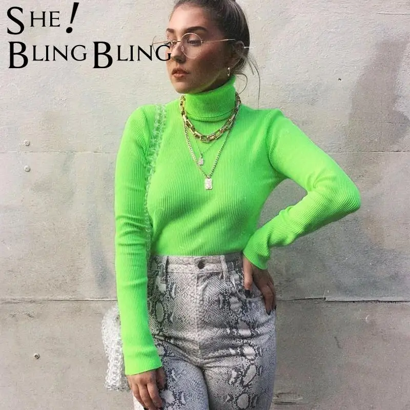 SheBlingBling с длинным рукавом облегающее платье высокой горловиной флуоресцентного