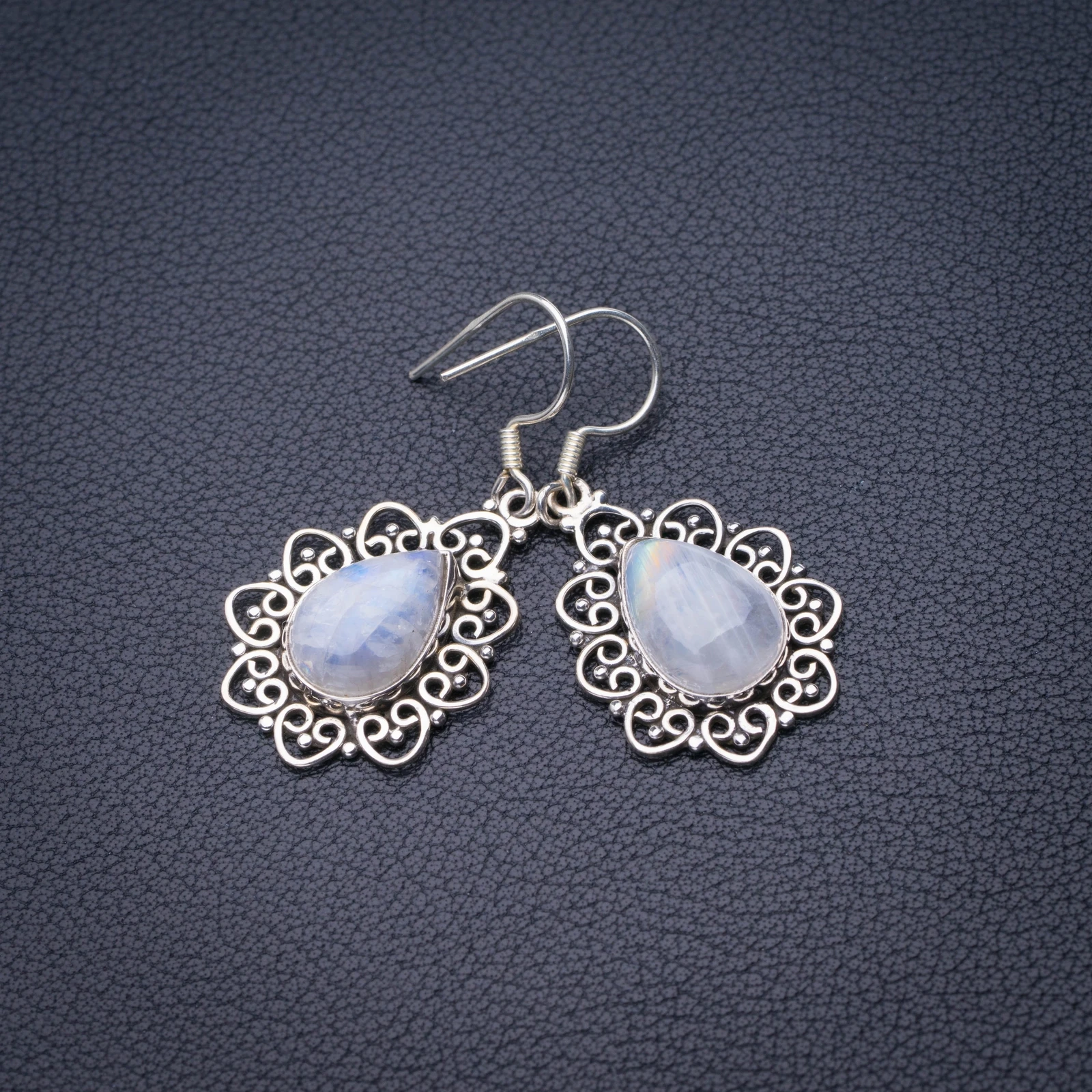 

StarGems Natural Rainbow Moonstone Handmade 925 Sterling Silver Earrings 1.75" D6541