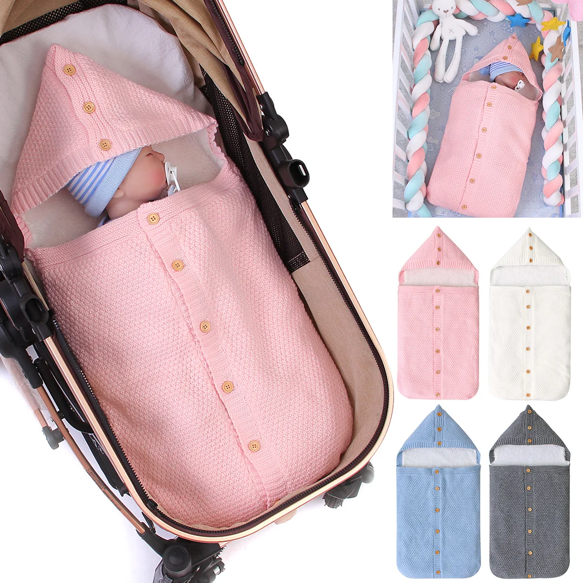 

Winter Warm Newborn Baby Sleeping Bags Infant Button Knit Swaddle Wrap Swaddling Stroller Wrap Toddler Blanket Sleeping Bags