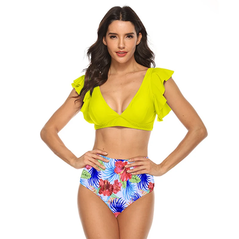 2021 Women Two Piece Swimsuit V Neck Ruffled Bikini Top High Waisted Ruched Bottom Sexy Print Bikini Set Push Up Swimwears