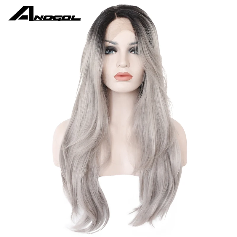 Anogol средняя часть серебристо серый Омбре черные корни длинные натуральные волны