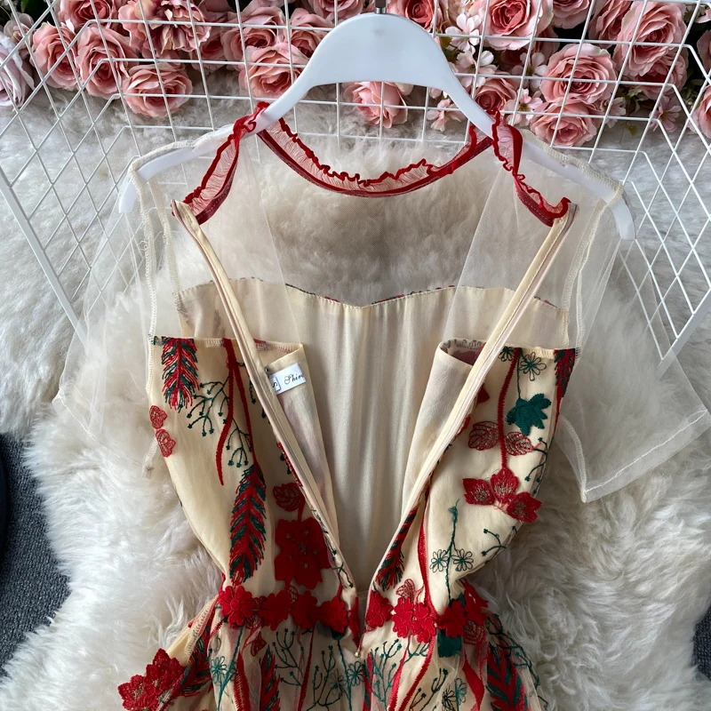 

Muti-Color Mesh Print summer woman dress O Neck Hollow Out Casual holiday women dresses Short Sleeves Exposed Back Zipper robes