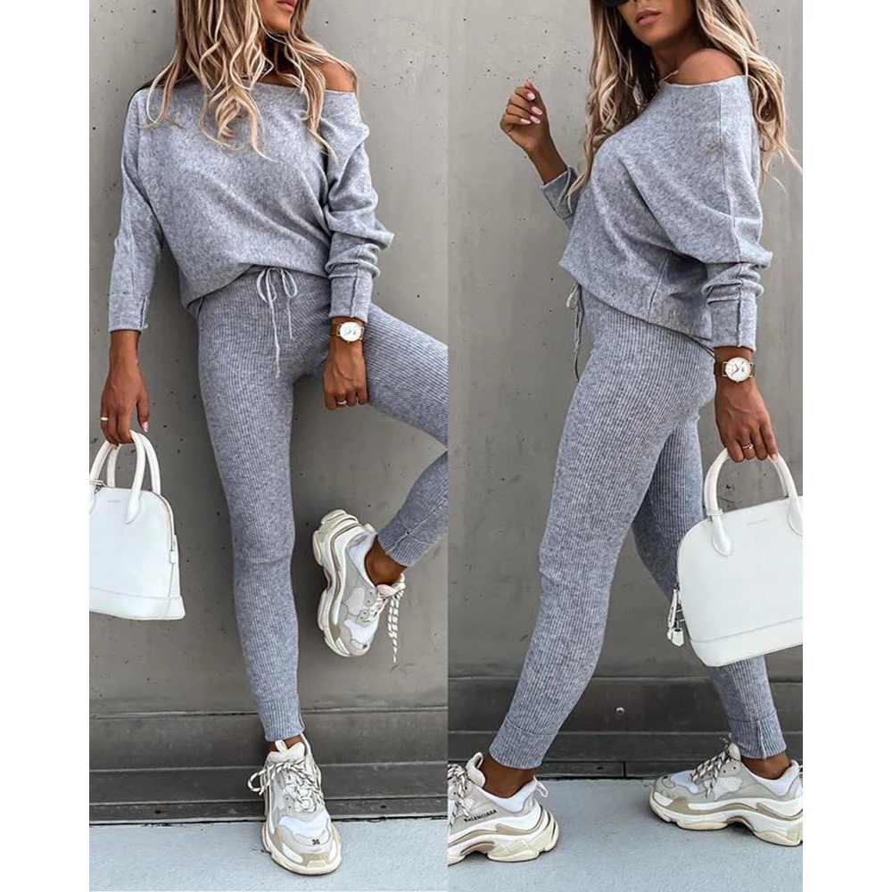 

Off Shoulder Pullovers Skinny High Waist Drawstring Leggings Women Solid Suits Long Sleeve Loose Casual Tops Daily Trousers D30