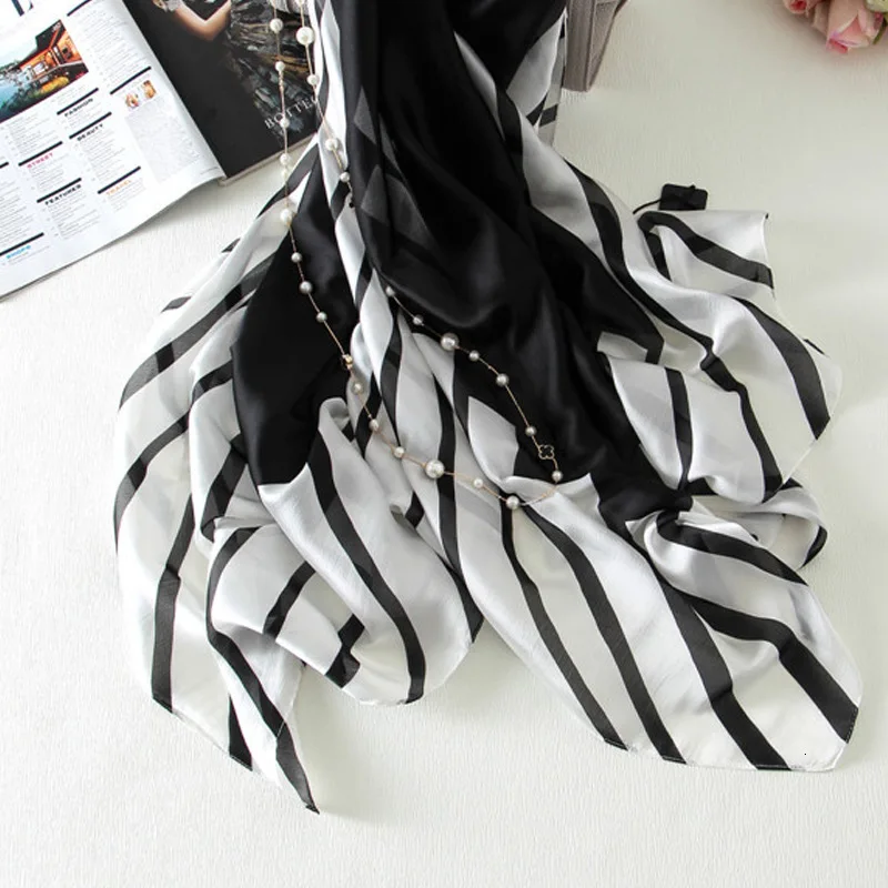 Новый дизайн черный/белый полосатый шелковый шарф для женщин модная Роскошная