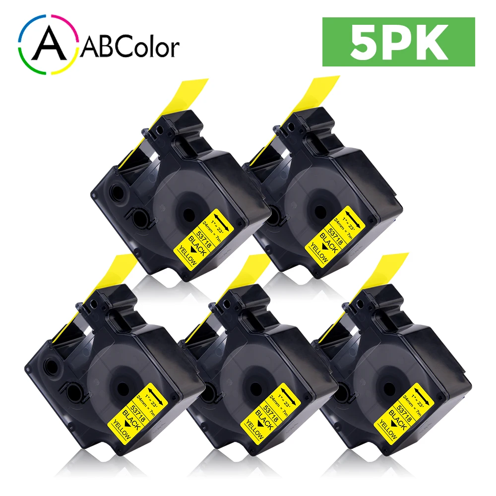 

5PK 24mm Tape For Dymo D1 Label Tape 53718 Black on Yellow Tape Cassette 53718 Printer Ribbon For DYMO LabelManager 400 450