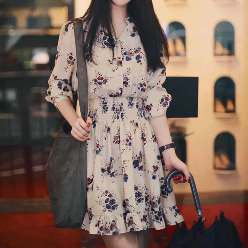 Женское винтажное платье с бантом свободное в горошек длинным рукавом поясом на