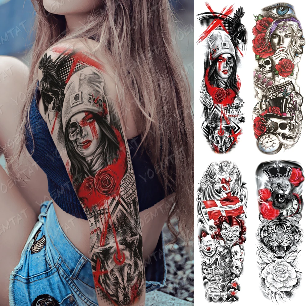 

Large Arm Sleeve Tattoo Crow Clown Lion Flower Waterproof Temporary Tatto Sticker Gun Waist Leg Body Art Full Fake Tatoo Women