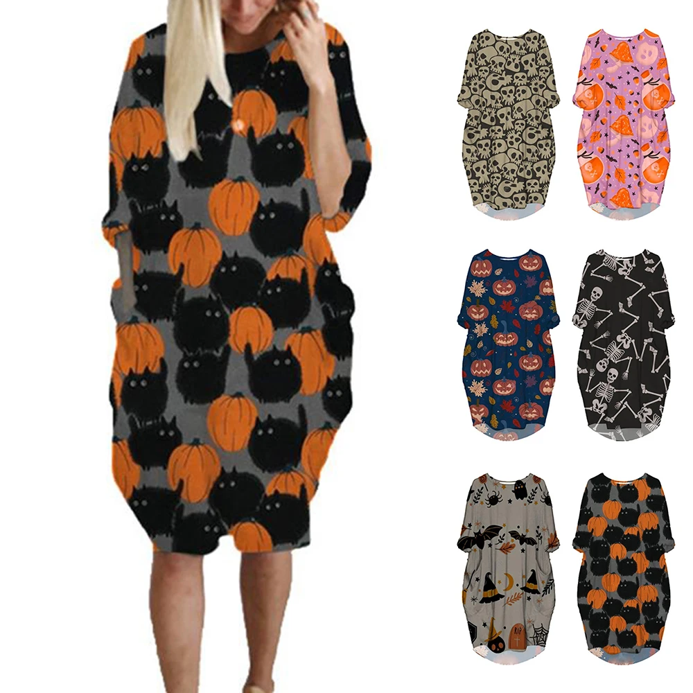 

Halloween Women Printed Shirts Dress Female Half Sleeve Loose Dresses