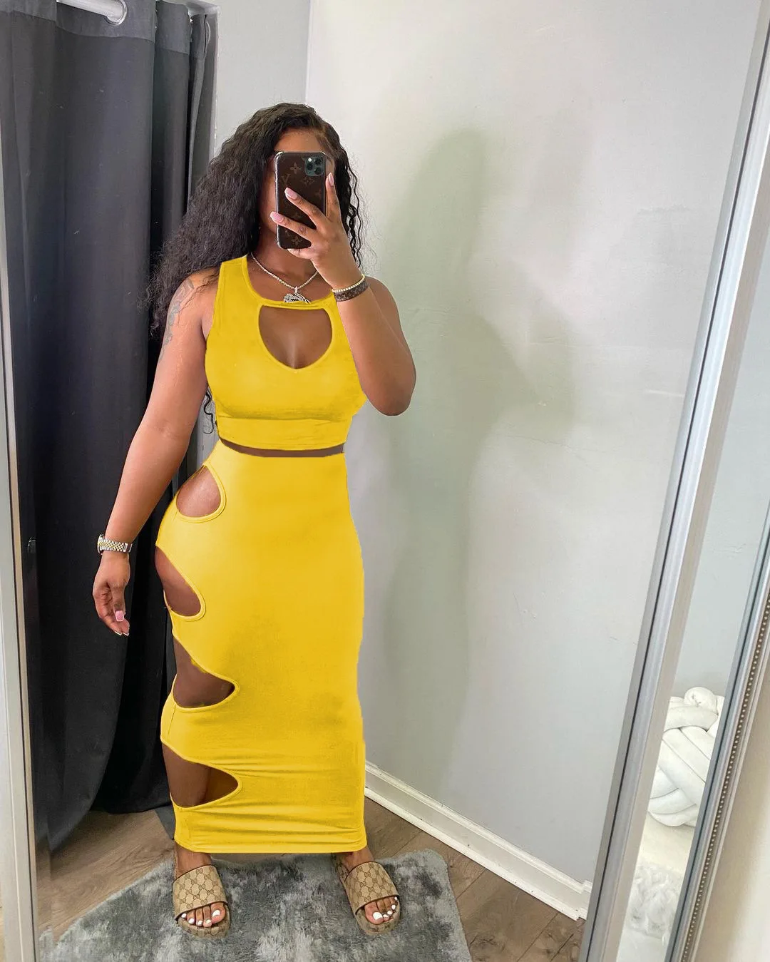 

Solid Hollow Out Sexy Sleeveless Crop Tank Top Long Midi Skirt Hole Hollow Out Skirt Two Piece Set Skinny Club Outfits
