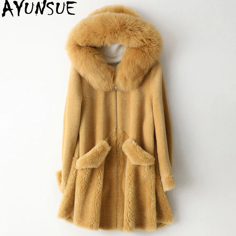 

AYUNSUE пальто с натуральным мехом Женская куртка из короткой овечьей шерсти зимнее пальто женская одежда 2020 воротник из лисьего меха 100% шерст...
