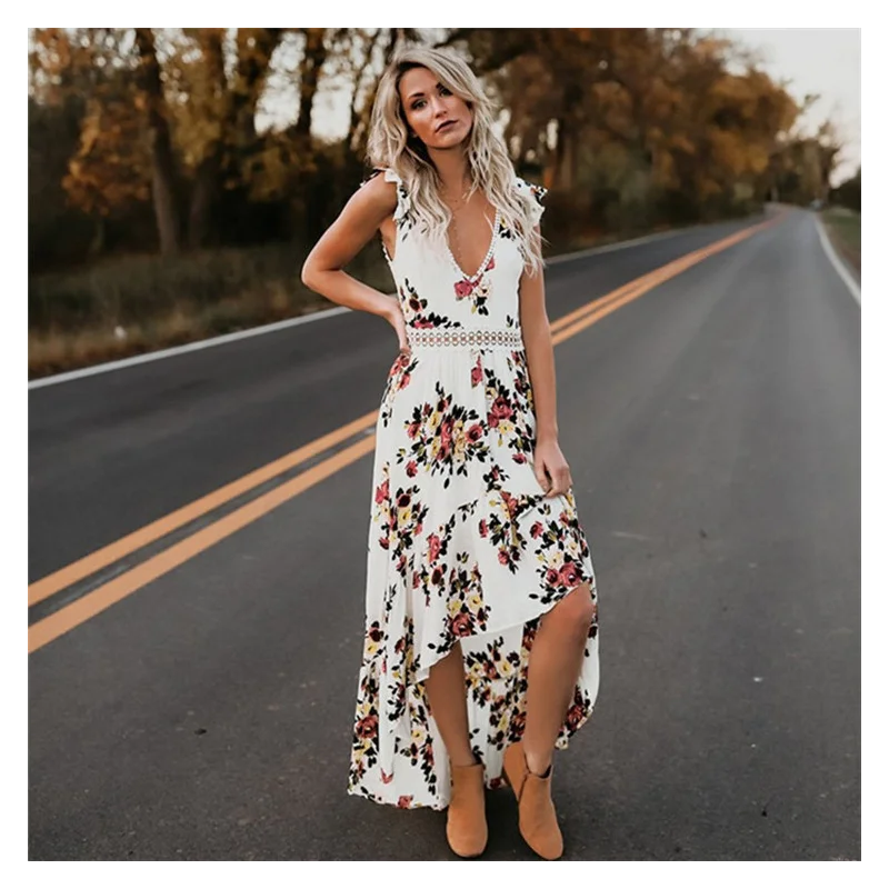 

Женская Летняя асимметричная длинная юбка с цветочным принтом, открытой спиной и V-образным вырезом