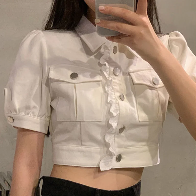 

Deeptown White Shirt Women Button Up Crop Top Korean Style 2022 Summer Short Sleeve Lace Blouse Ulzzang Kpop Patchwork Clothes