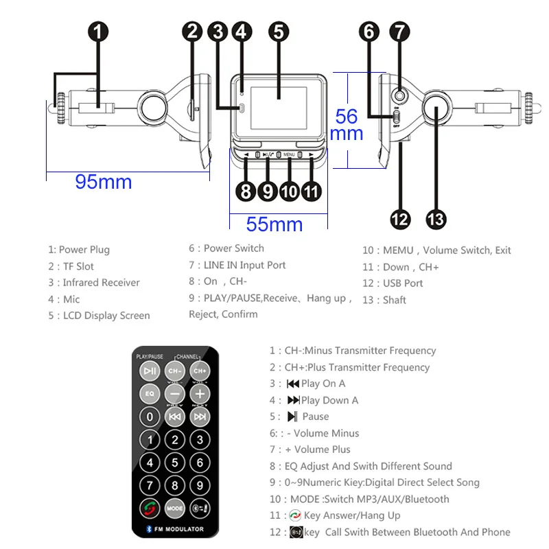 USB зарядное устройство fm передатчик FM12B автомобильный комплект Bluetooth