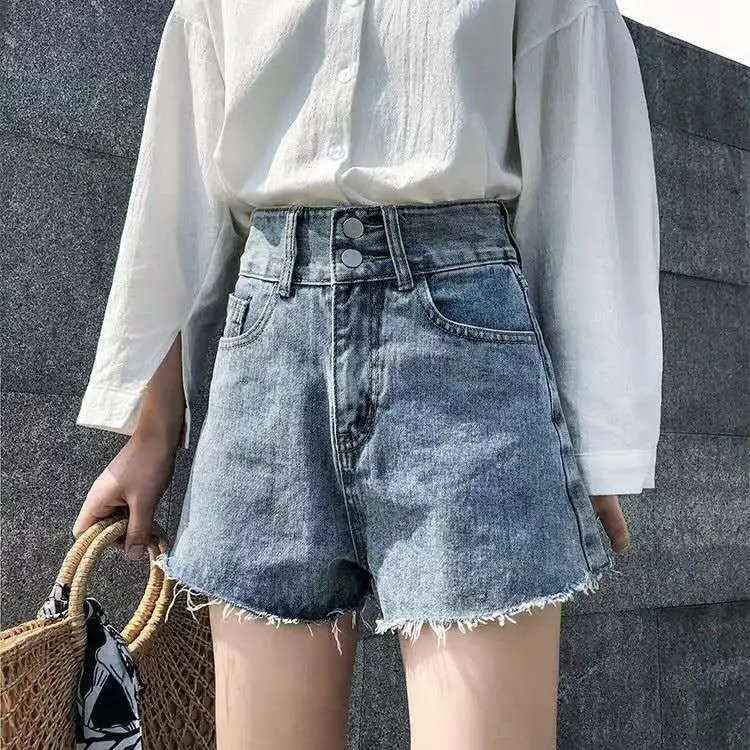 

Double button denim shorts for women's new summer wear Korean high waist, thin and loose, versatile A-line wide leg hot pants