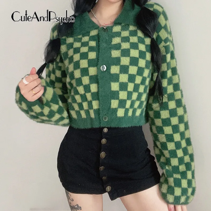 

Осенний однобортный укороченный свитер, уличная одежда, повседневные свободные клетчатые зеленые кардиганы, одежда в стиле преппи, зимняя ...