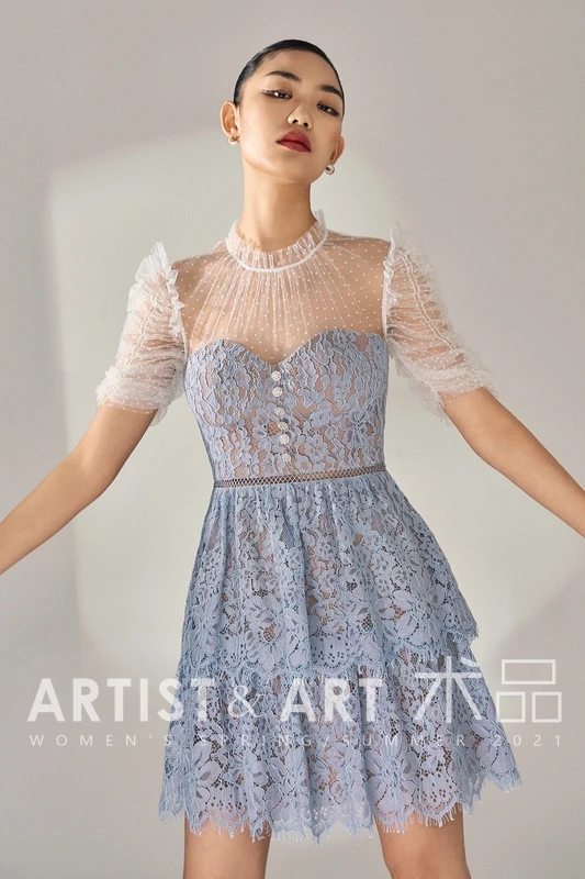 

Sexy Lace Mesh Patchwork Woman Dress 2021 Summer Runway Designers Elegant Puff Sleeve A-line Mini Vestido De Mujer
