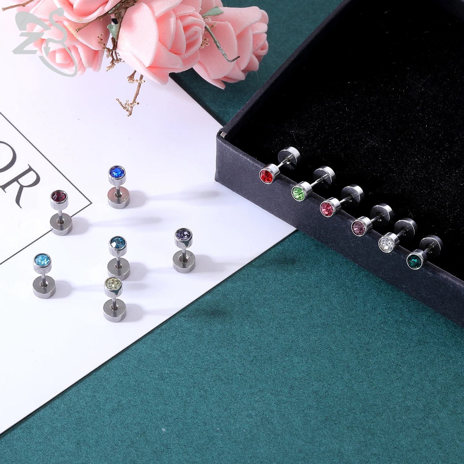 

ZS 12 Pairs/lot Round Crystal Stud Earrings For Women Girls 20G Stainless Steel Earring Set Helix Tragus Cartilage Piercing Set
