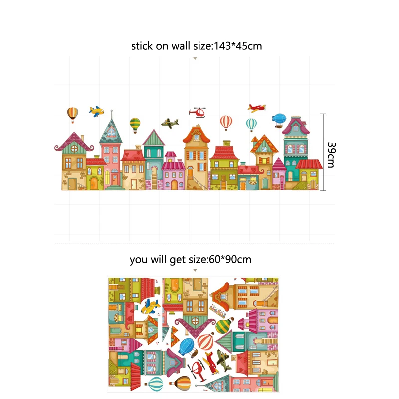 

kids room 3d building house wall stickers removable cartoon hot air balloon aiplane wall decals for baby bedroom