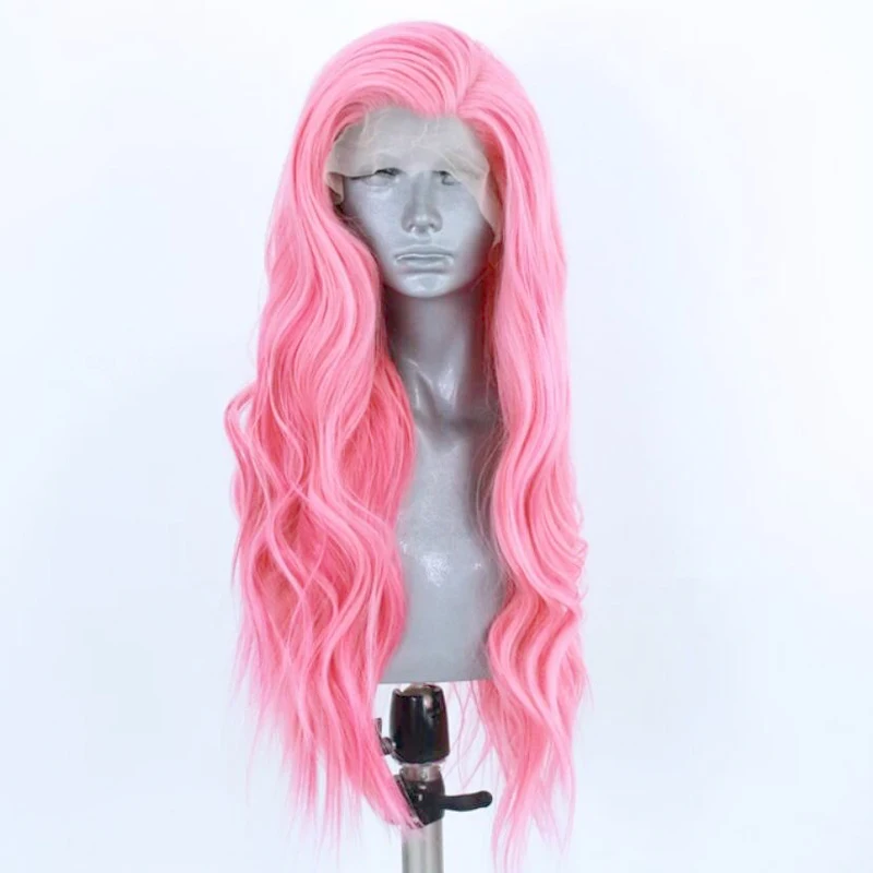 RONGDUOYI Long Wavy Heat Resistant Fiber Synthetic Lace Front Wig Pink Hair Cosplay Wigs for Women with Side Part | Шиньоны и парики