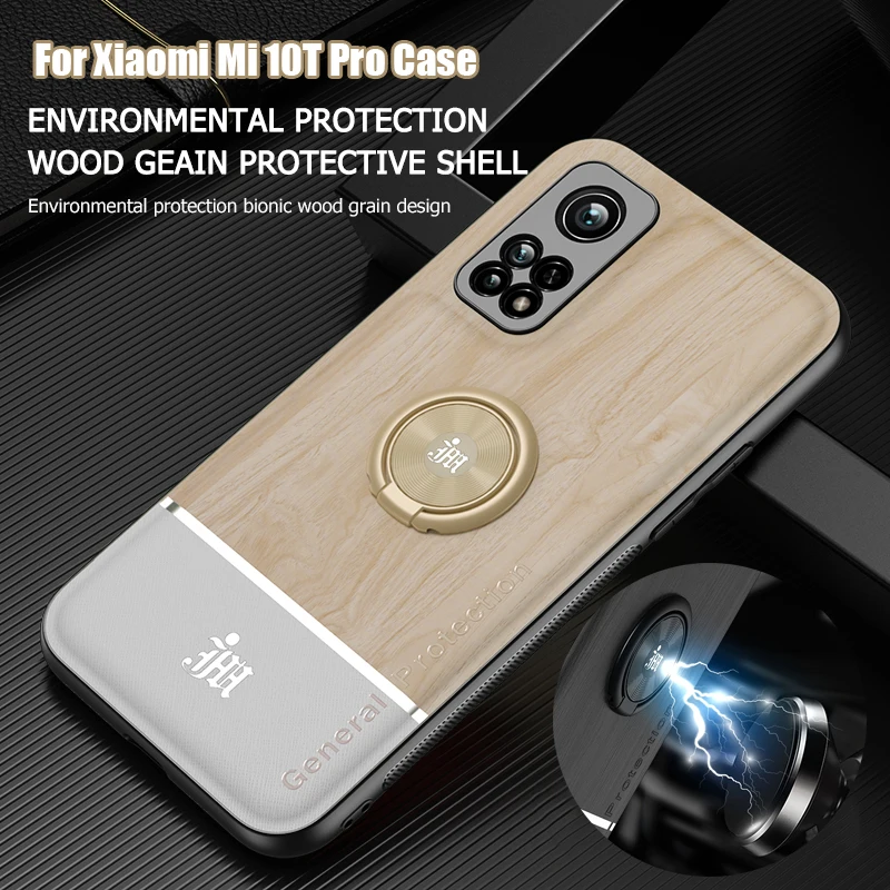 

Bionic Wood Grain Mobile Phone Back Case For Xiaomi Mi 10T Pro Lite 5G Car Magnetic Adsorption Ring Bracket Camera Protect Cover