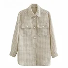 Рубашка женская твидовая в клетку, Повседневная Свободная Длинная блузка оверсайз, с жемчужинами, модная Элегантная блузка, осень-весна