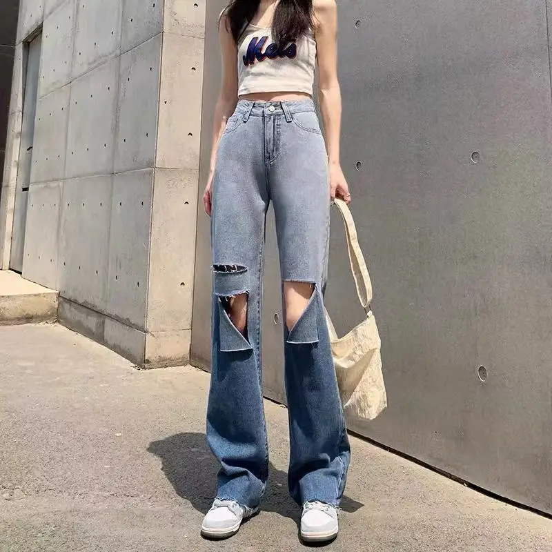 

Hole changing jeans women's straight tube loose 2021 new summer high waist drop wide leg color matching floor pants