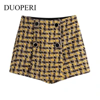 duoperi women fashion yellow textured mini skort with buttons invisible side zipper chic lady high waist casual short female