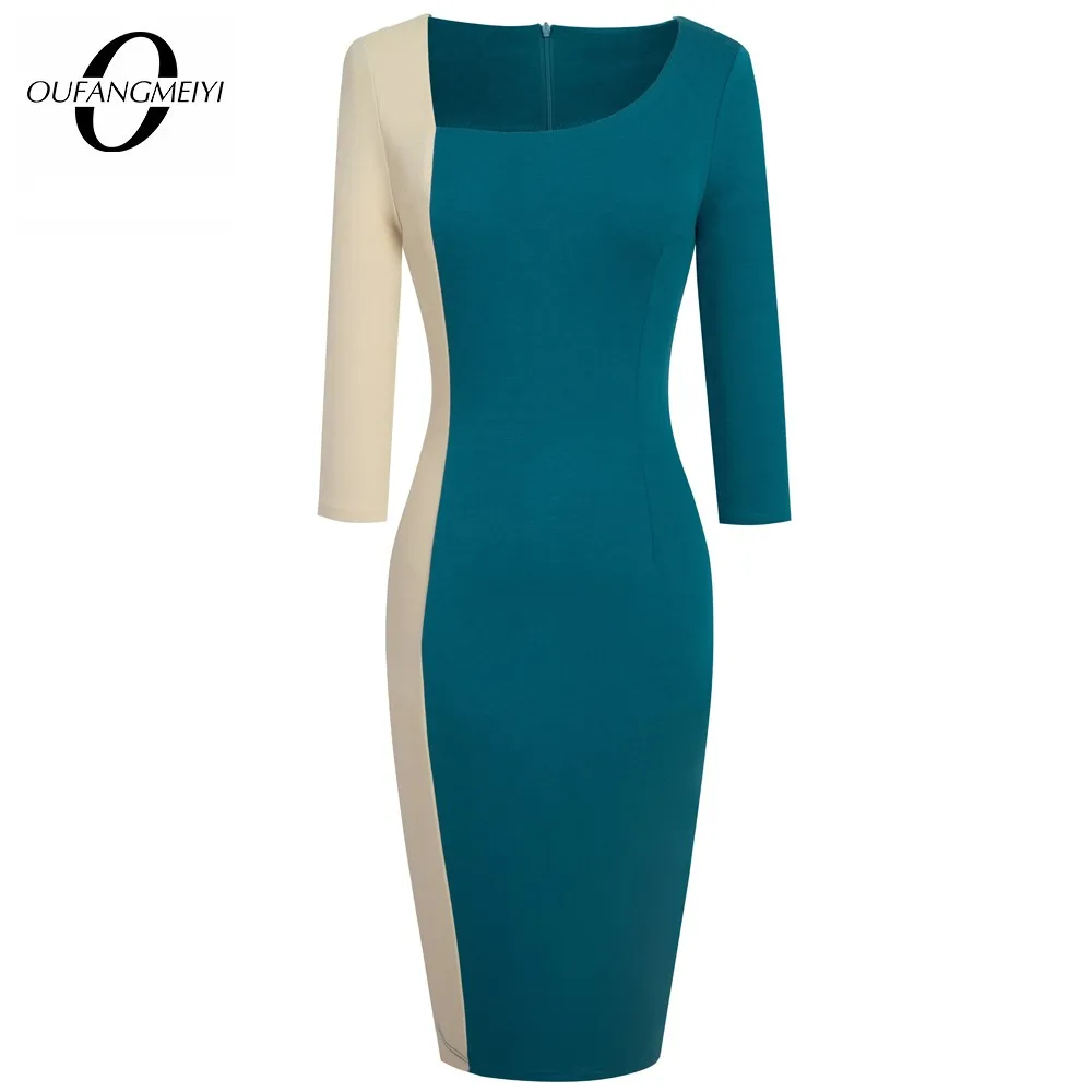 

Женское винтажное платье до колен, облегающее платье контрастных цветов с рукавом 3/4 и асимметричным вырезом, модель 1EB546 в стиле пэчворк