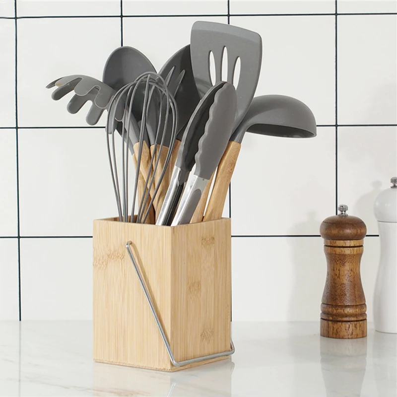 Non-Stick Silicone Cookware Kitchen Utensil Set Natural Acacia Wooden Handle Cooking Utensils Tools Spatula Soup | Дом и сад