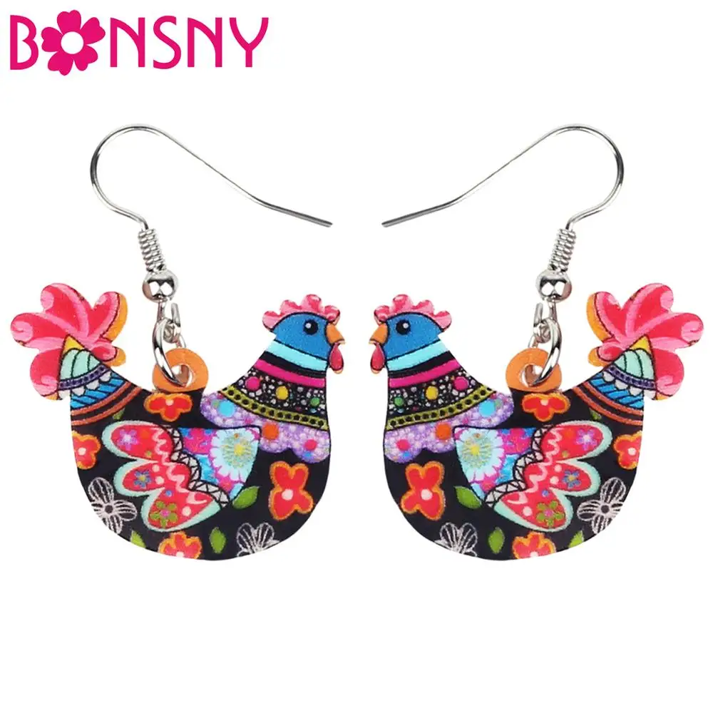 Bonsny акриловые серьги в виде курицы с цветочным принтом очаровательные висячие