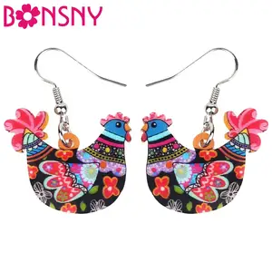 Bonsny акриловые серьги в виде курицы с цветочным принтом, очаровательные висячие серьги с принтом животных для женщин и девочек, детские подарочные аксессуары