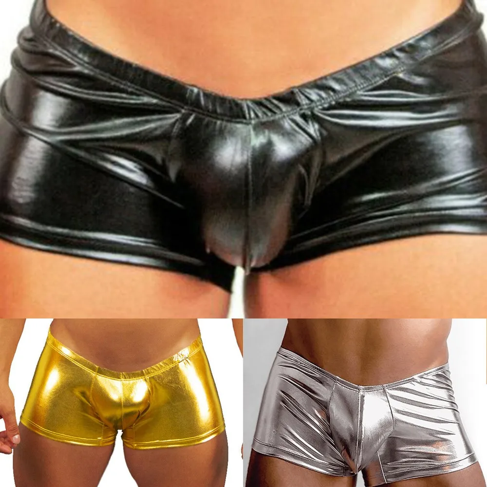 

2021 Boxer Men Underwear Sexy Night Club Boxers Bright Boxershorts Gold Faux Leather Panties Performance Underpant Boxer Homme