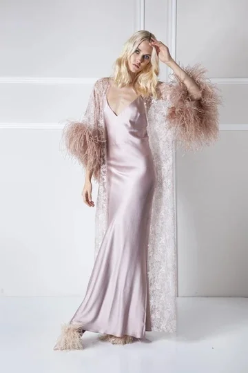 Халат женский кружевной из двух предметов пижама-кимоно светло-фиолетового