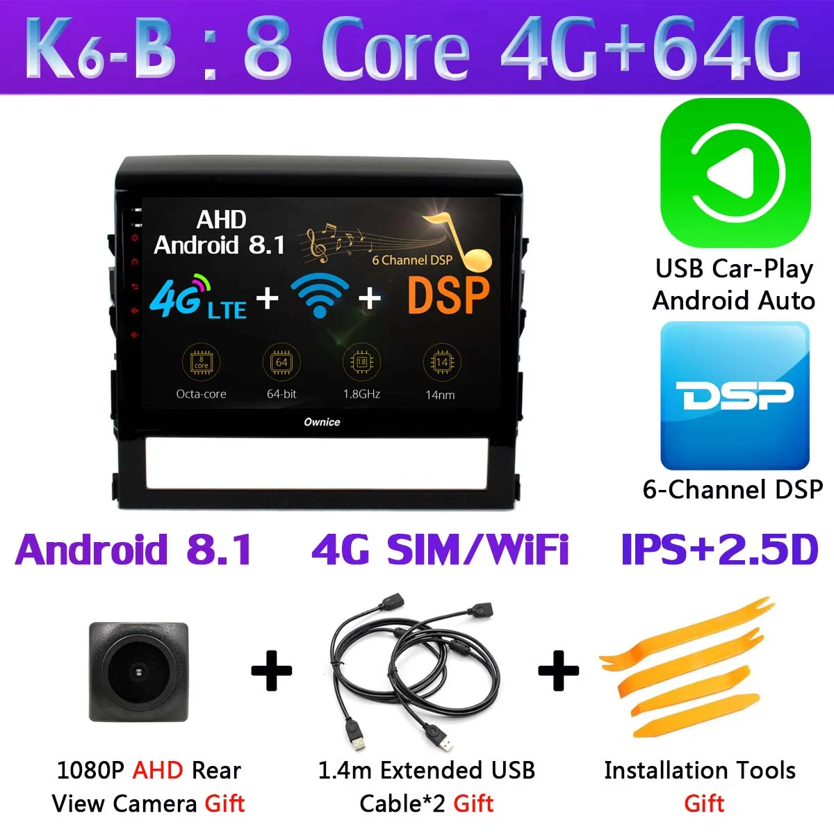 K6-B-CarPlay 360 ° 4* AHD камера Восьмиядерный Android 9,0 4G+ 64G SPDIF DSP CarPlay Автомобильный плеер для Toyota Land Cruiser 11 200- gps радио - Цвет: K6-B-CarPlay