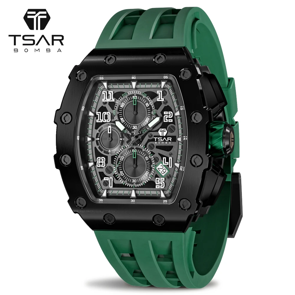 

TSAR BOMBA Luxury Mens Watch Sport Chronograph 50M Waterproof Sapphire Tonneau Design Wristwatch Stylish Watch for Men Best gift