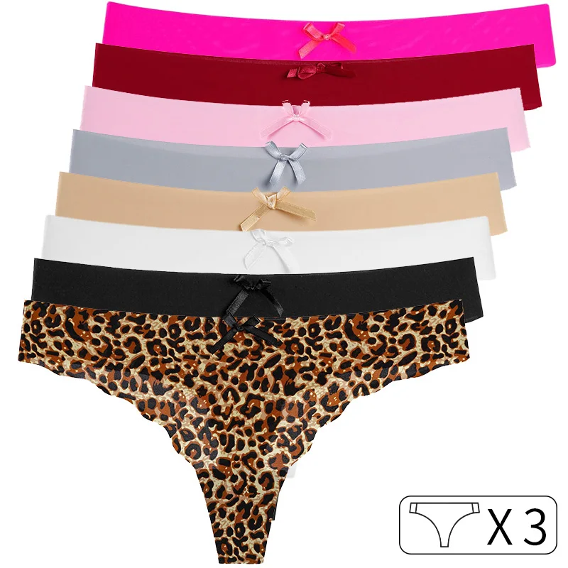 

3Pcs Women Briefs Ice Silk Sexy G String Leopard Seamless Panties Underwear Girls Thong Fitness Ladies T Back