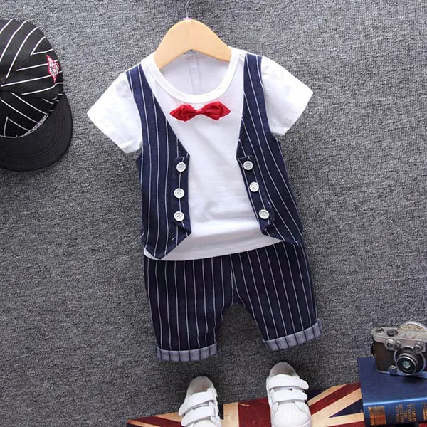 Navy Blue baby set Официальная одежда для маленьких мальчиков, топ в полоску для дня рождения и свадьбы+ шорты, комплект летней одежды для новорожденных мальчиков, комплекты верхней одежды - Цвет: Navy Blue baby set