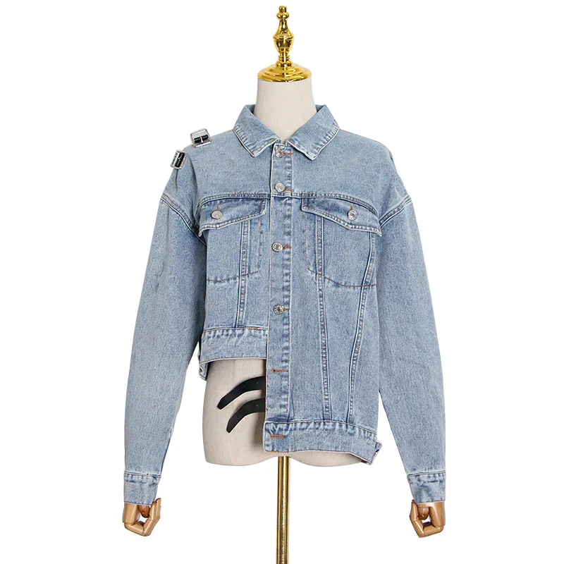 

Vogue of new fund of 2021 autumn jean jacket off-the-shoulder multiple by asymmetric cowboy coat