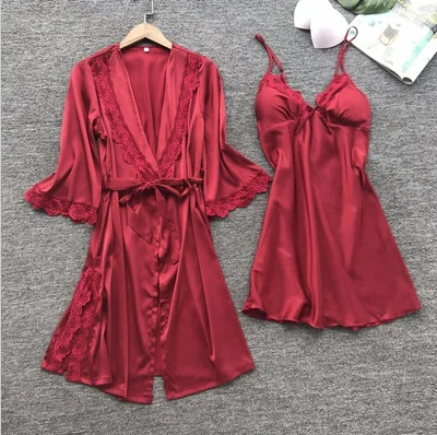 Pajama Set Women Lace Trim Satin Sleepwear Summer Nightwear With Pants Casual Home Wear