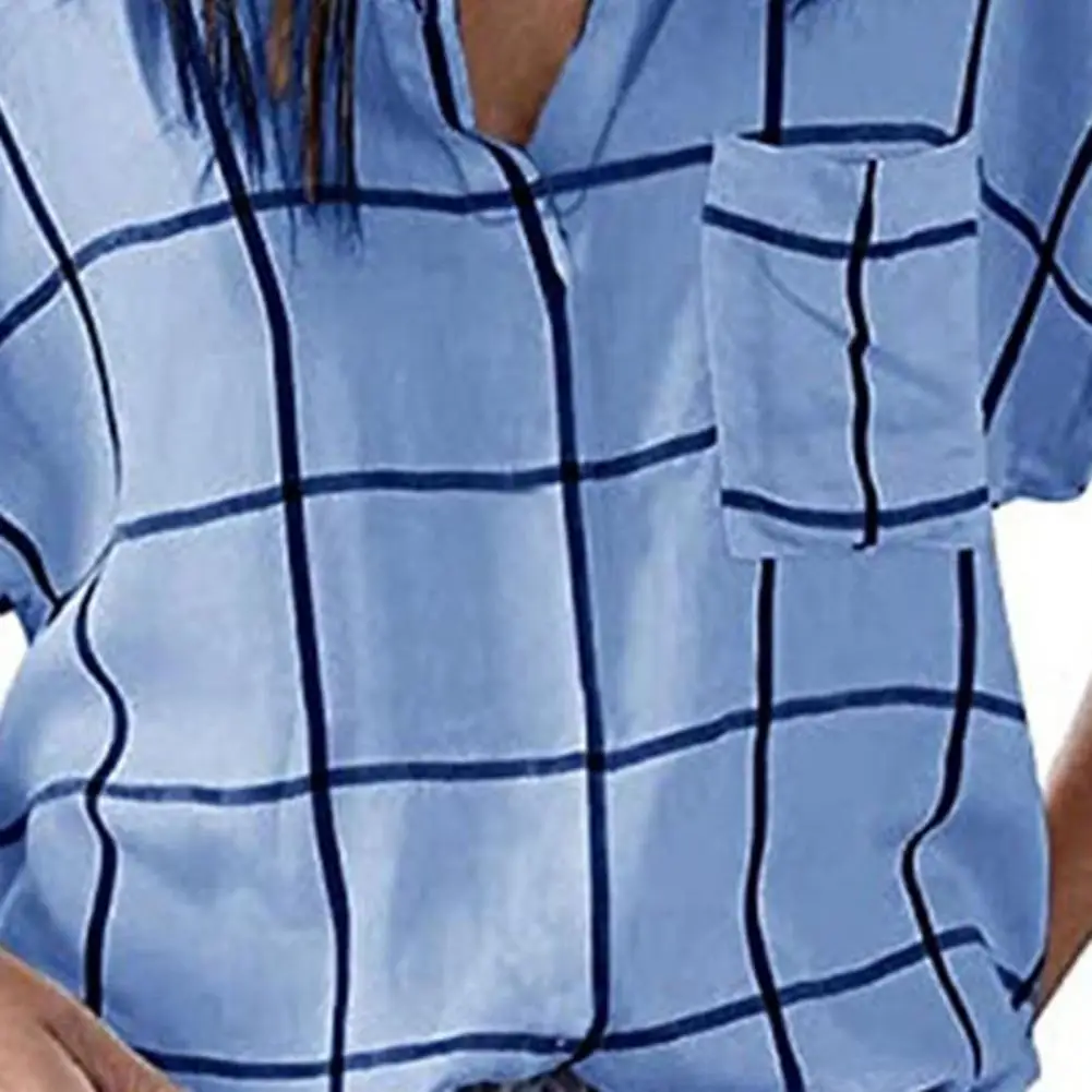 

Blouse Turn-down Collar Comfortable Skin-friendly Summer Pocket Low Cut Female Shirt for Daily Wear