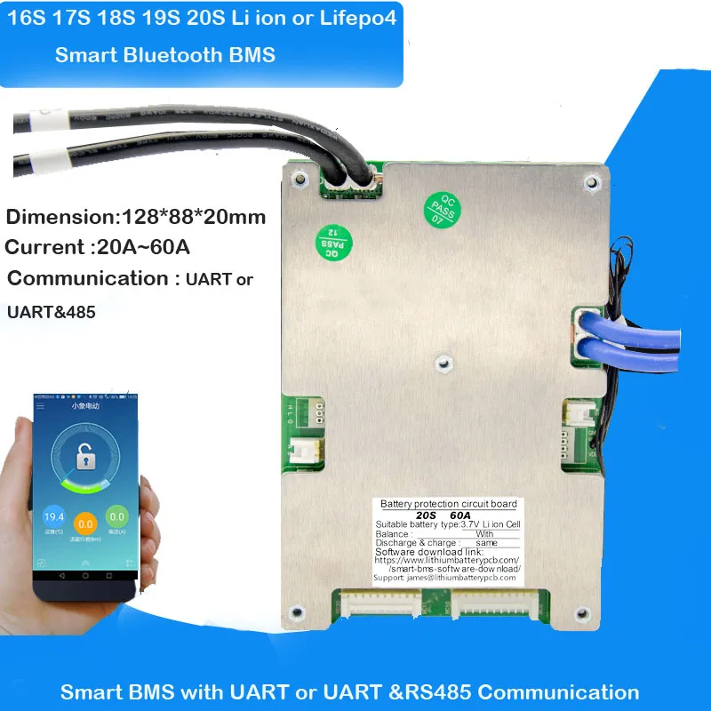 Интеллектуальный Bluetooth BMS 16S 48V 17s 18s 19s 20s 72V с 30A 40A 50A 60A постоянным током и