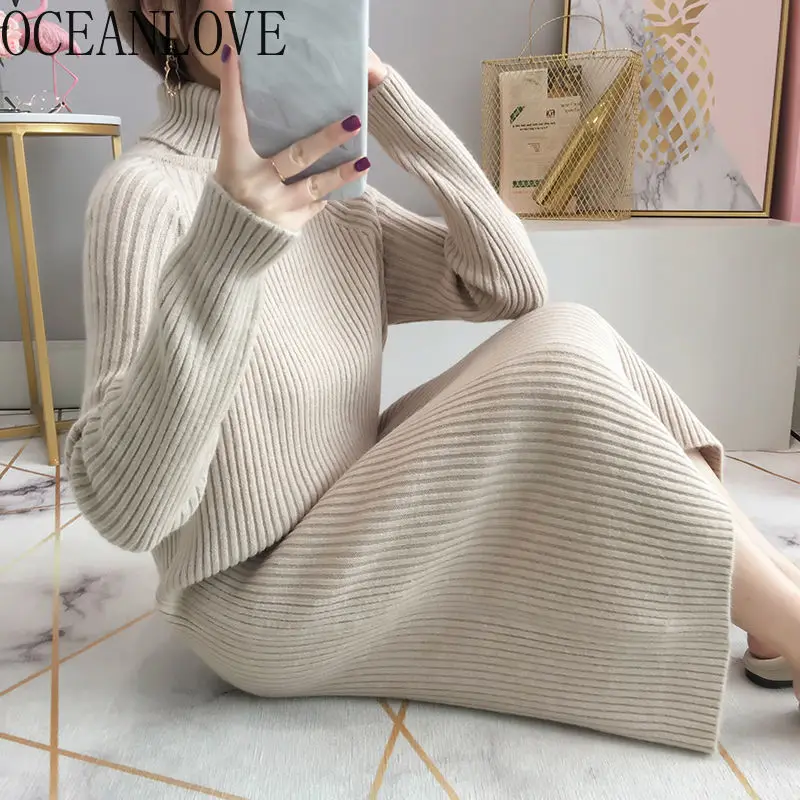 Женское вязаное платье с высоким воротом OCEANLOVE Длинное свободное Повседневное