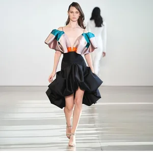 Юбка Женская атласная с завышенной талией, пикантная Пышное с оборками юбка средней длины, на молнии, Черная