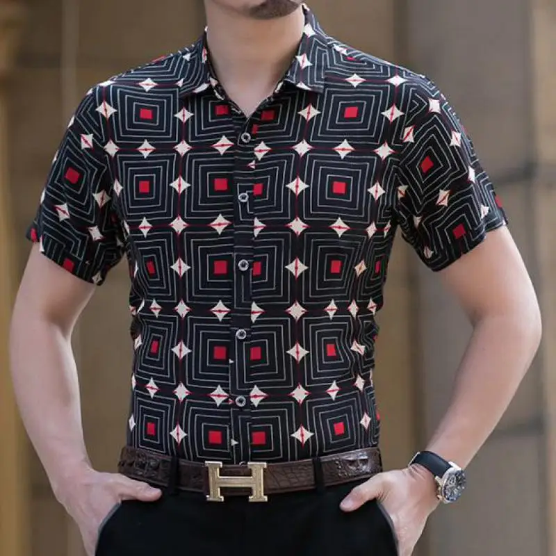 

2021 Summer High Quality Silk 100% Shirts Mens Gents Casual Comfortable Retro Dress For Fat Fashionable Plus Size Mens Shirts