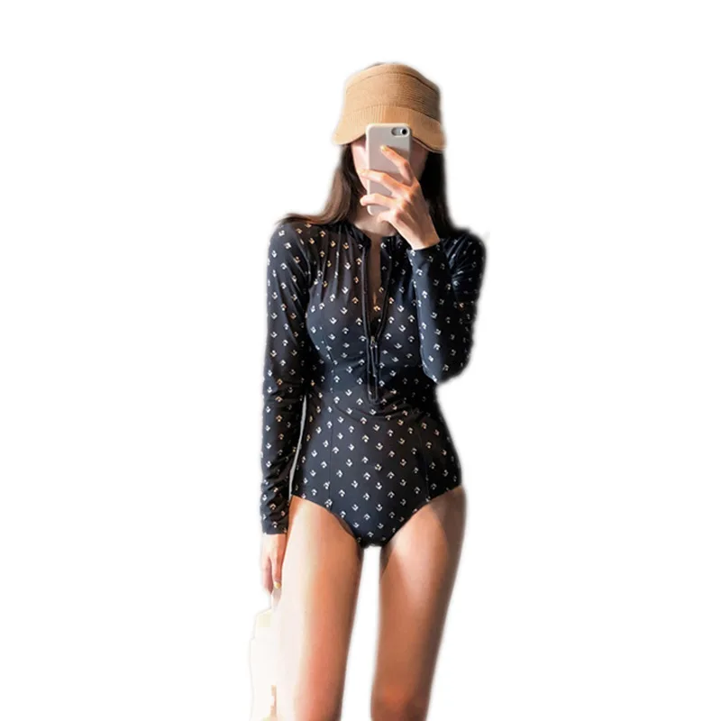 

Printed Long-sleeved Sunscreen One-piece Swimsuit Women Vacation Zipper Tight Jellyfish Suit Quick-drying Surfing