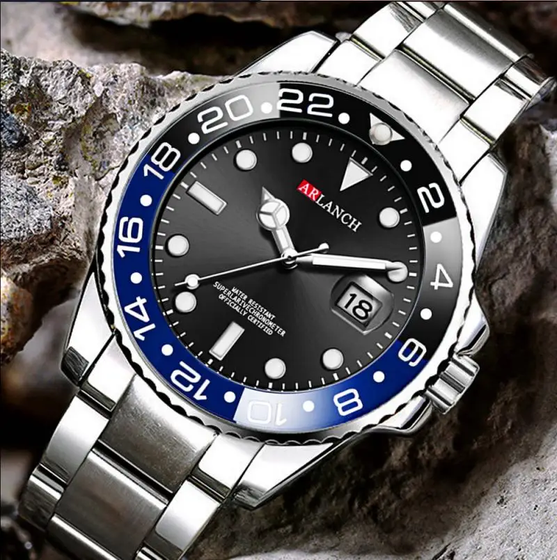 hot sale top brand business men watches green waterproof fashion mens watch arlanch watches calendar stainless steel watch free global shipping